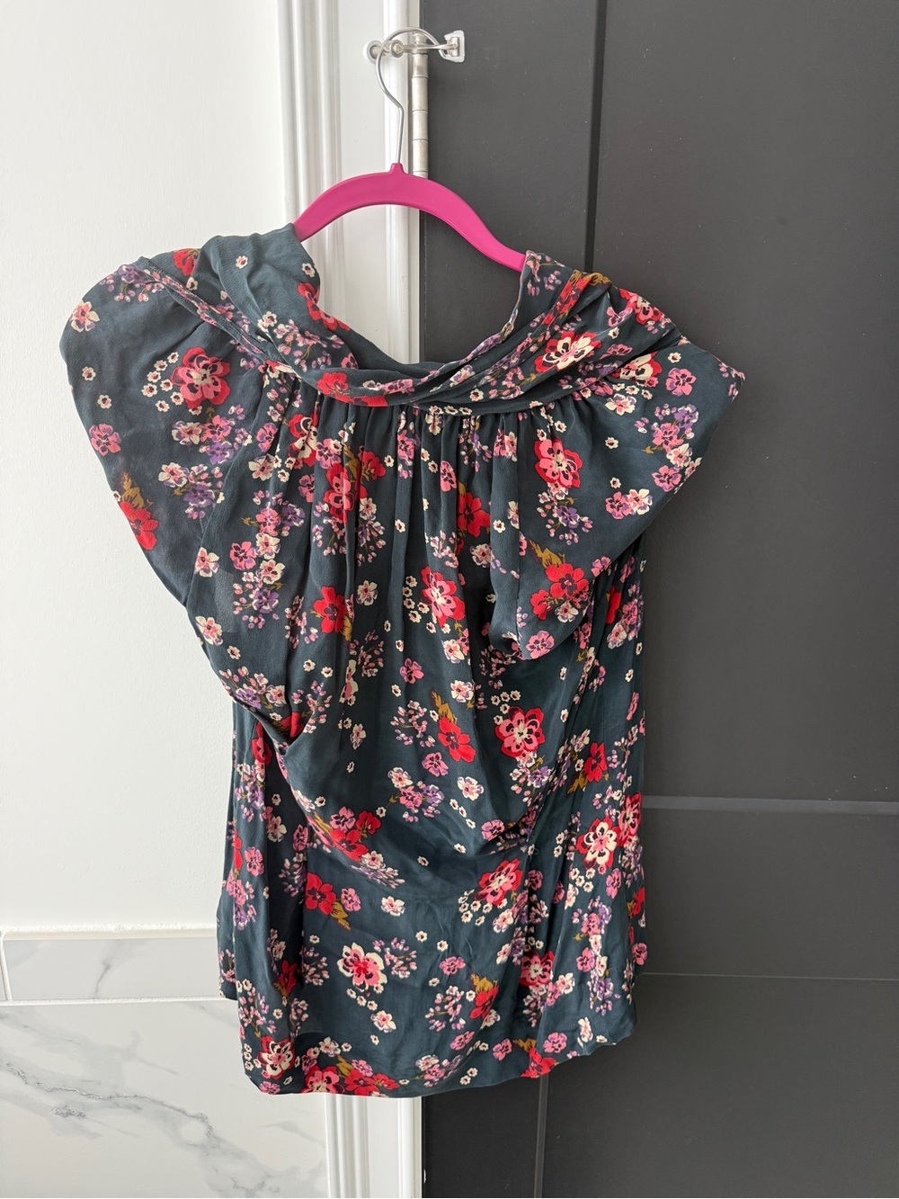 Odille Dark Grey Floral Blouse with Pink and Red Flowers
